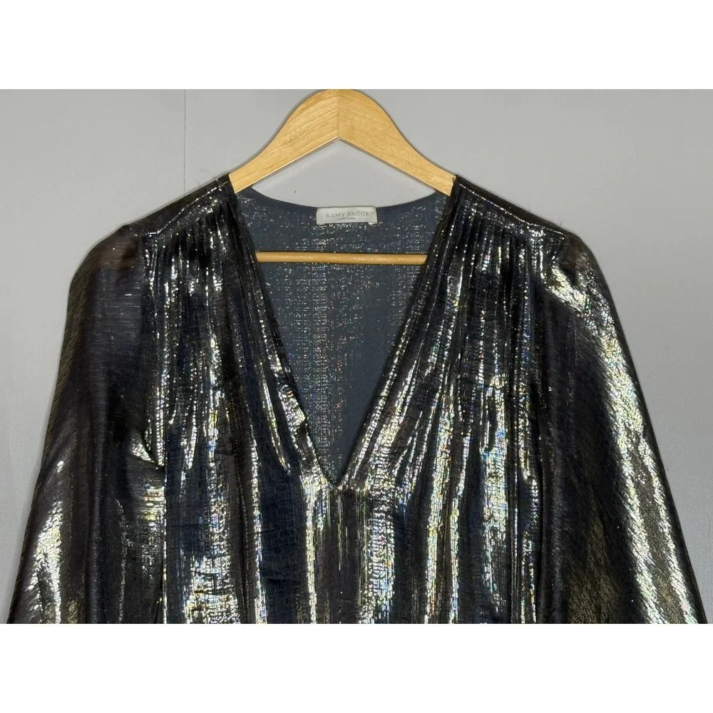 Ramy Brook Metallic Silk Flutter Sleeve Peplum Blouse M